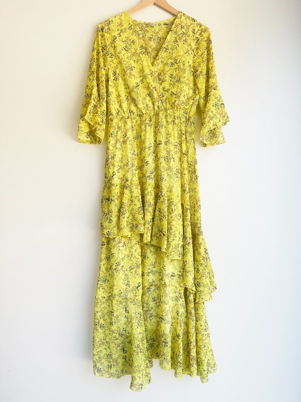 Yellow Floral Chiffon High Low Ruffle Wrap Dress Size XL
